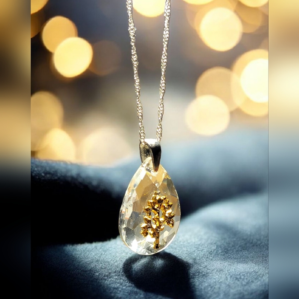 Crystal Tree of Life Pendant Necklace - 18" Oval Link Chain, Gold Zinc Alloy